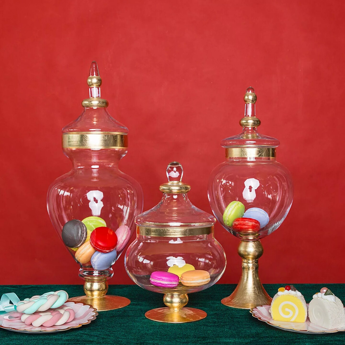 3 pcs 11" 16" 18" tall Clear Glass Gold Trim Apothecary Jars Candy Buffet