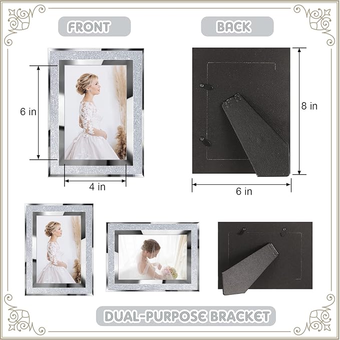 8 Pcs 4x6in Glitter Picture Frame Bulk Valentines Day Picture Frames Crystal Picture Frame Glitter Frame Crystal Photo Silver Crystal Picture Valentines Day Photo Frame(4 x 6 Inch)