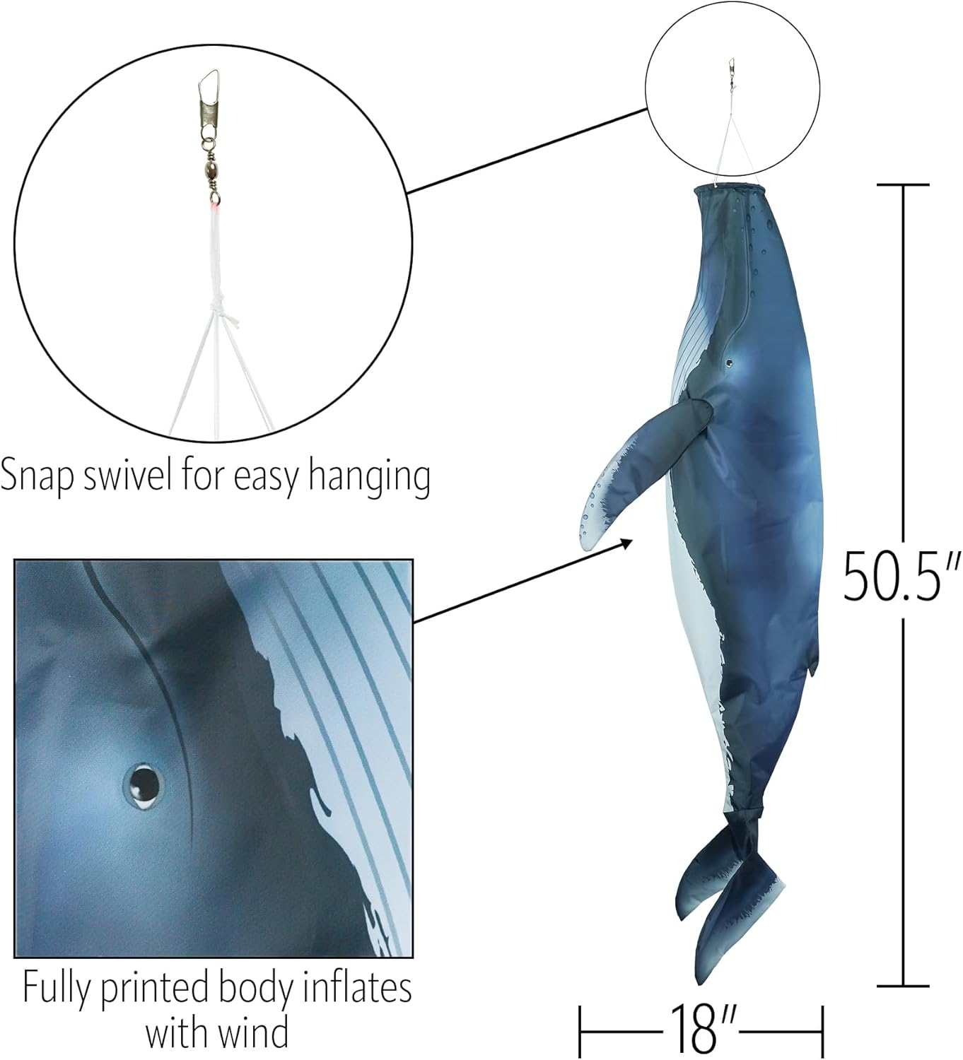 In the Breeze 5243 — Humpback Whale 48-inch Fish Windsock — Detailed, Fully Printed Inflatable Windsock