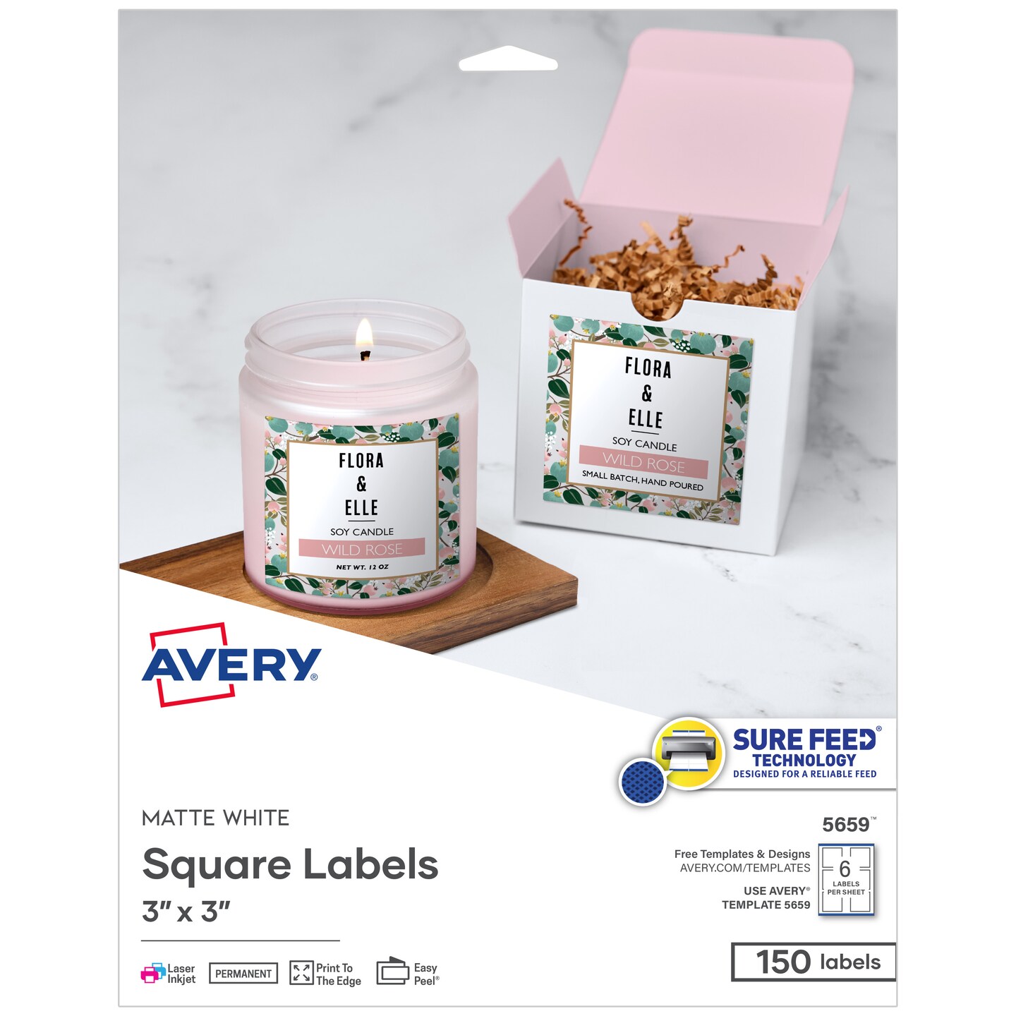 Avery Printable Square Labels with Sure Feed, 3&#x22; x 3&#x22;, Matte White, Permanent Adhesive, Laser &#x26; Inkjet Printers, 150 Blank Labels (5659)