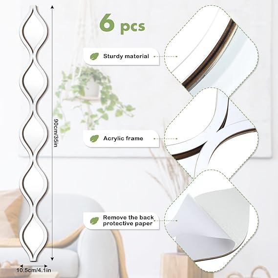 6 Pcs Acrylic Teardrop Mirror Wall Decor Decorative Mirror Narrow Wall Decor Boho Vintage Wall Decals Art for Apartment Home Living Room Bathroom Bedroom Hallway (Silver Edge)