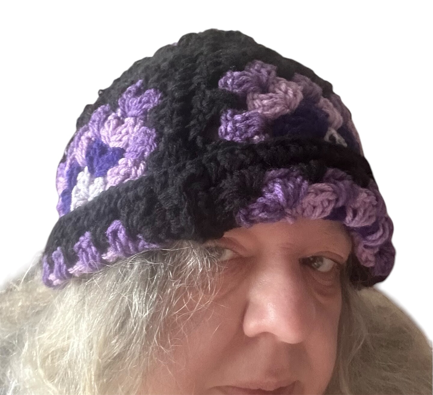 Granny Square Crochet Winter Hat In Purple Black and White