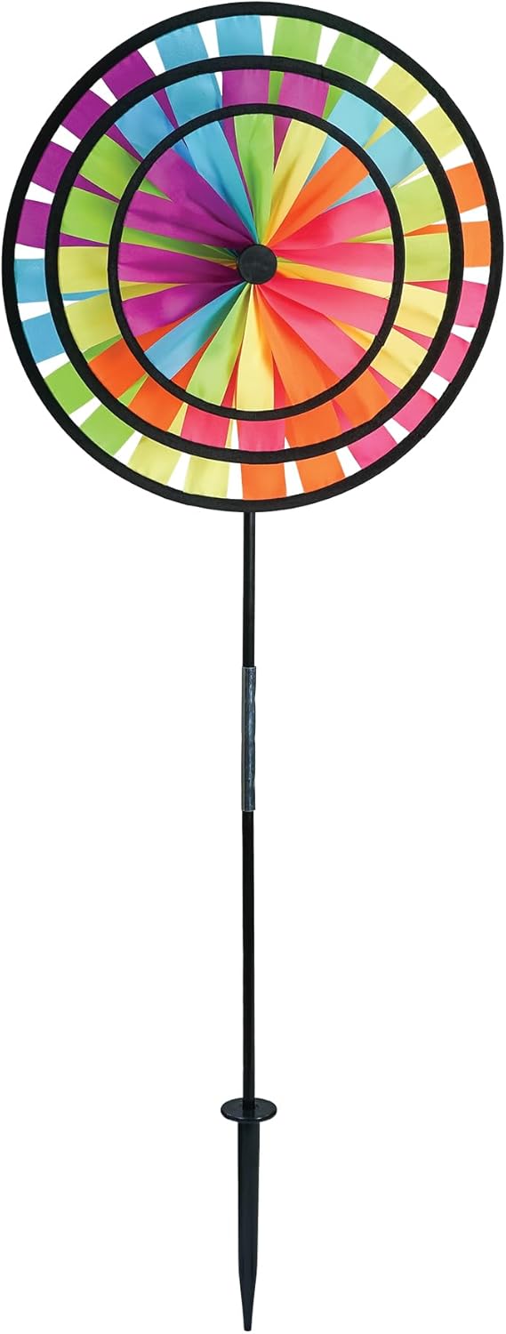 In the Breeze 2614 &#x2014; Fiesta Triple Wheel Spinner &#x2014; Colorful, Mesmerizing Wind Spinner for Yards and Gardens