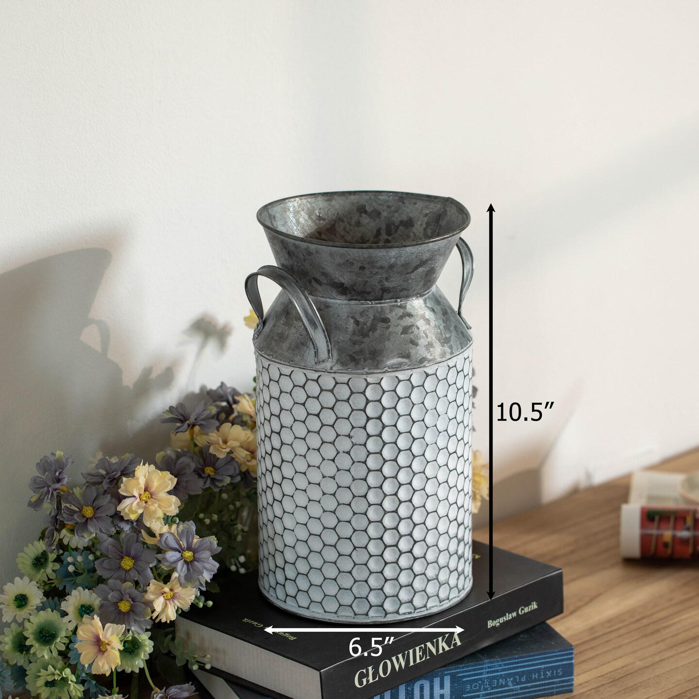 Vintiquewise 11-Inch Vintage Farmhouse Decorative Milk Bucket Vase - Rustic French Country Decor Jug with Handles for Flowers Shabby Chic Centerpiece Table Decor Garden Accent Primitive Tin Holder