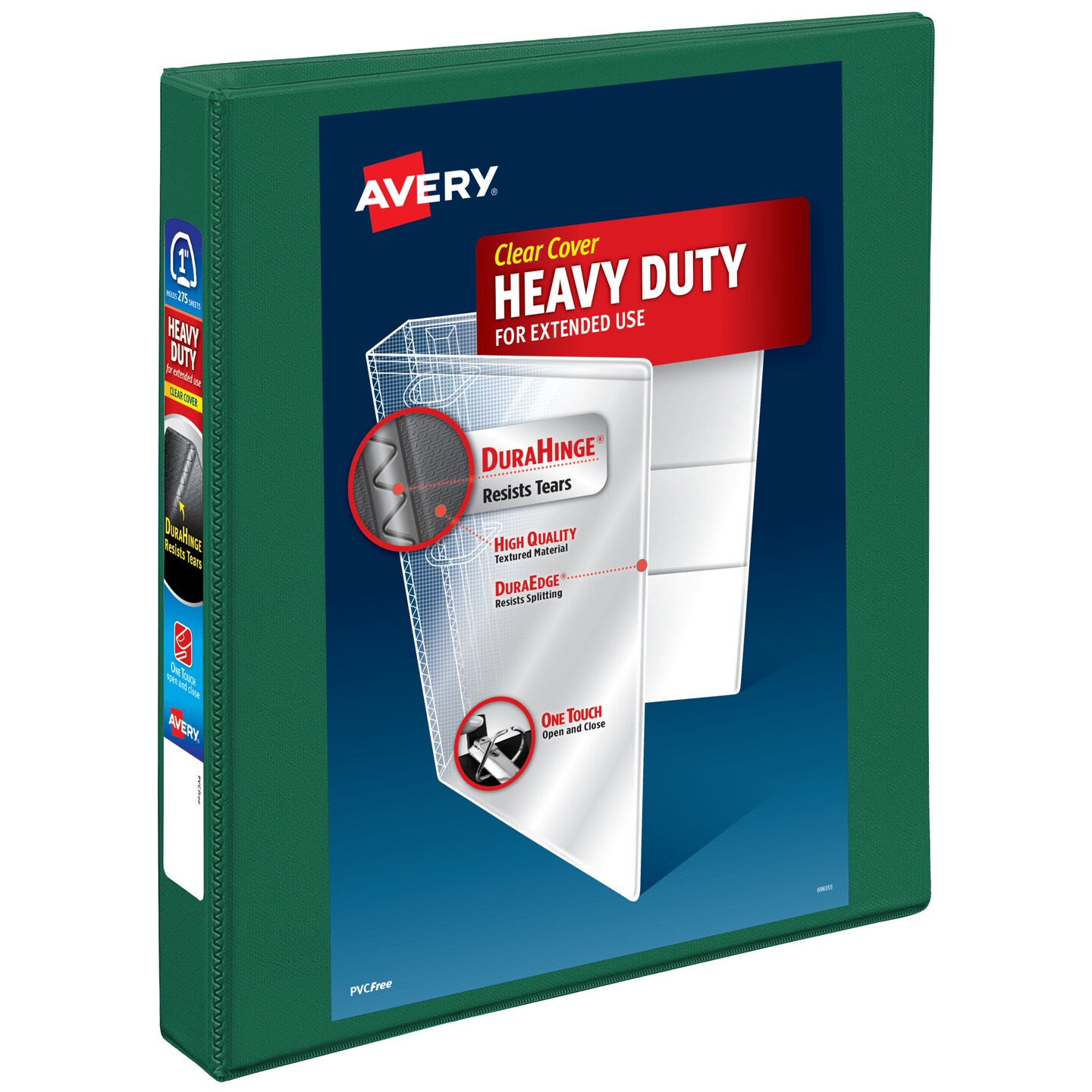 Avery Heavy-Duty View 3 Ring Binder, 1 Inch One Touch EZD Rings, 275-Sheet Capacity, 1.4 Inch Wide Spine, Customizable Clear Cover and Spine, 1 Green Binder (79107)