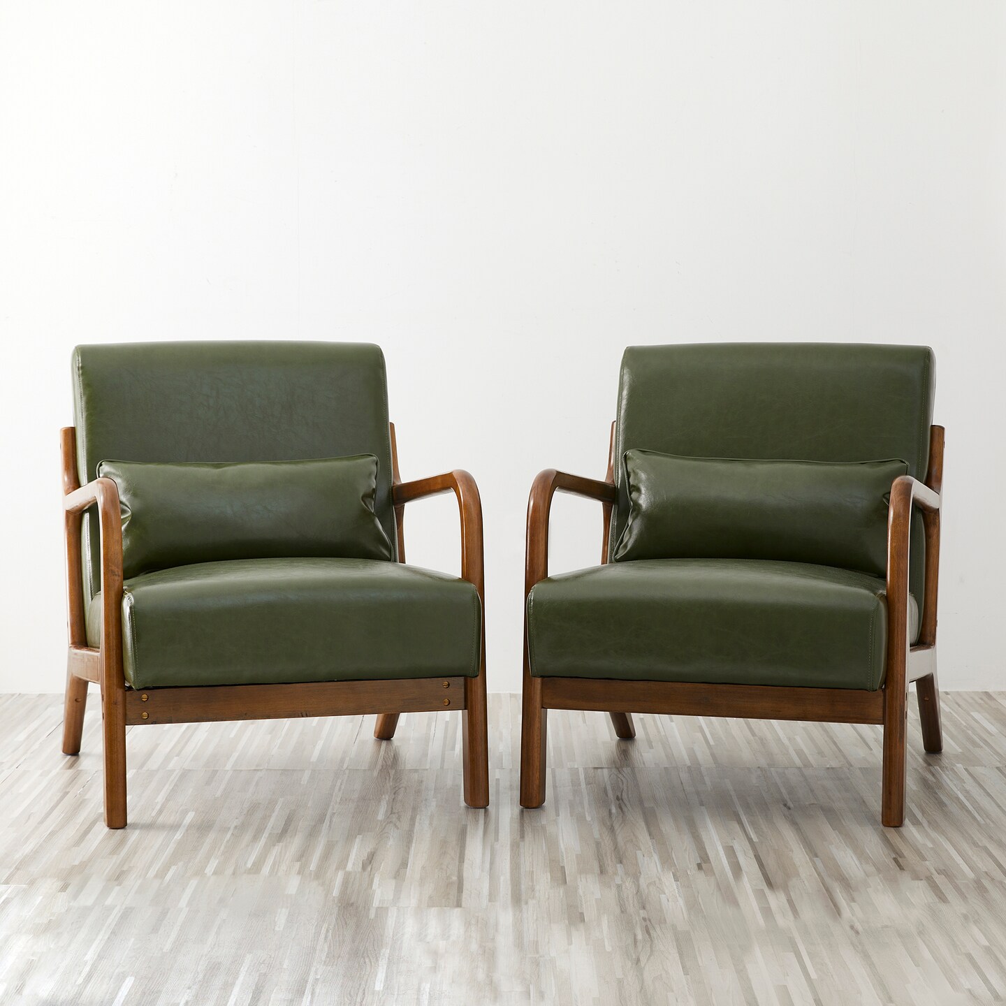 Set of 2 30.75"H Mid-Century Modern PU Leather Armchair Accent Chairs with Pillow