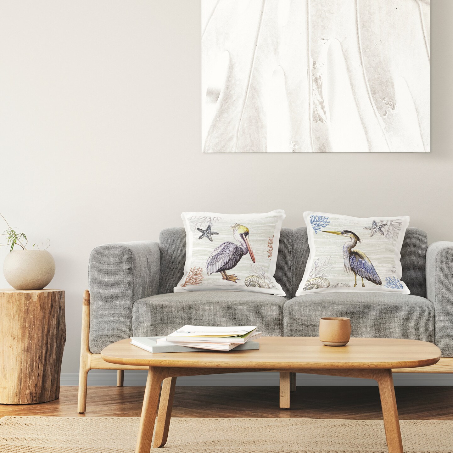 Coastal Pelican and Heron 2 PC Decorative Printed Throw Pillow Set Design by Elena Vladykina, 18 x 7 x 18