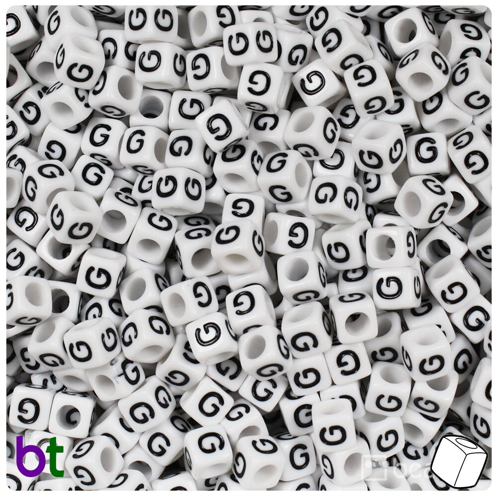BeadTin White Opaque 6mm Cube Plastic Alpha Beads - Black Letter G (80pcs)