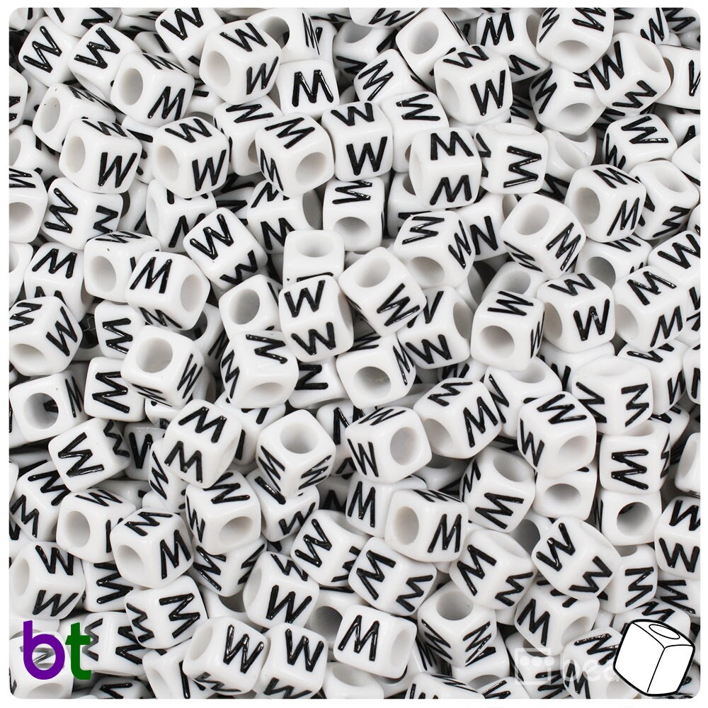 BeadTin White Opaque 6mm Cube Plastic Alpha Beads - Black Letter W (80pcs)