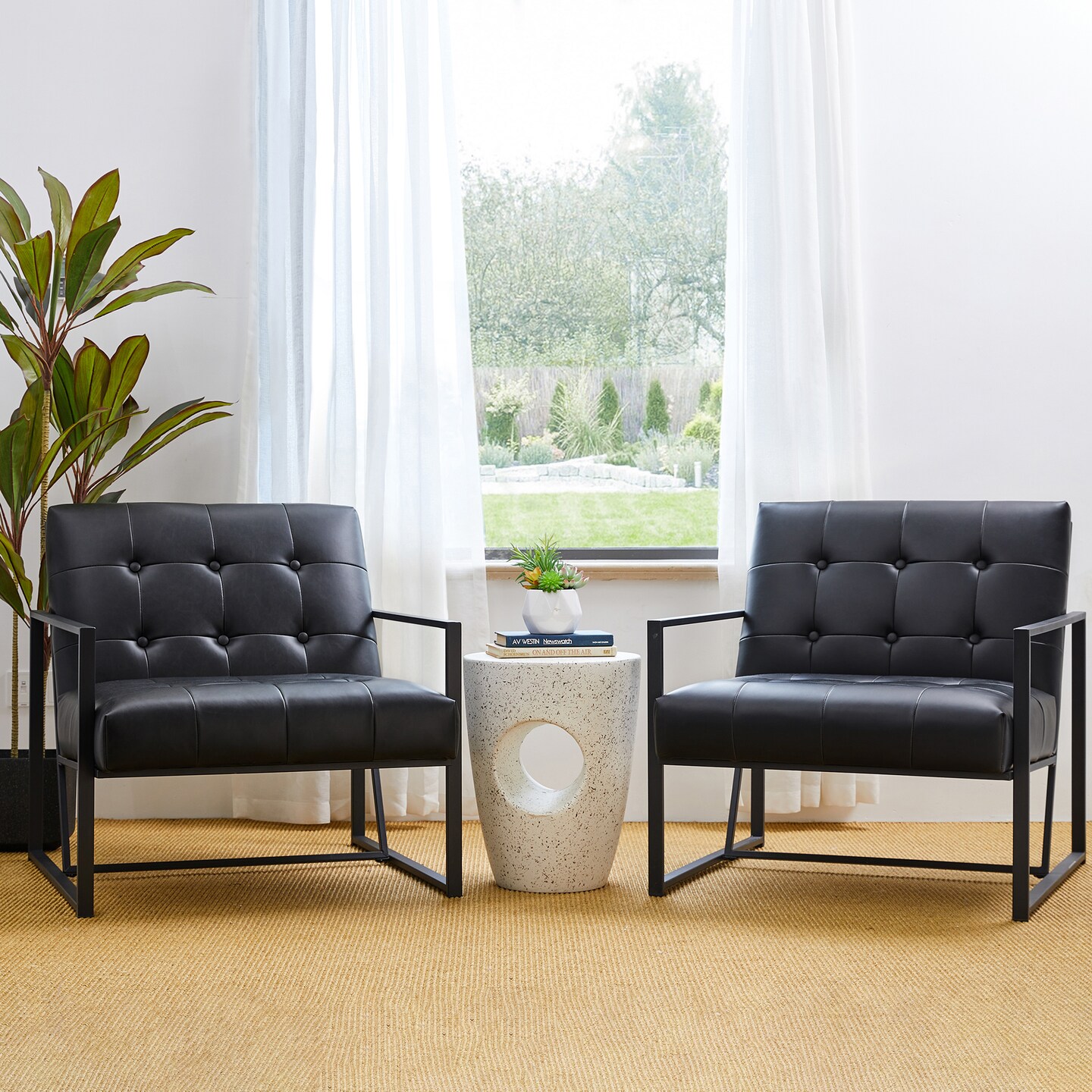 30.5&#x22;H Mid-Century Modern Leatherette Button-tufted Accent Arm Chair with Black Metal Frame