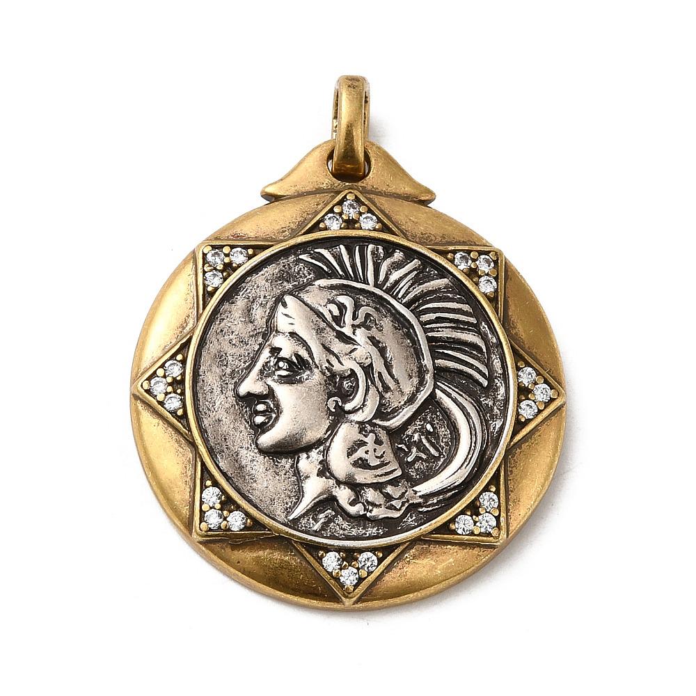 30x27mm Long Lasting Gold Plated Brass Micro Pave Cubic Zirconia Greek Coin Pendant