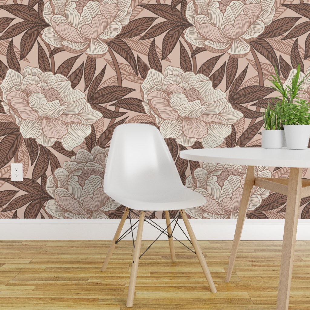 Peel &#x26; Stick Wallpaper 2FT Wide Monochrome Floral Botanical Bohemian Maximalist Glam Linework Boho Jumbo Brown Pink Custom Removable Wallpaper by Spoonflower
