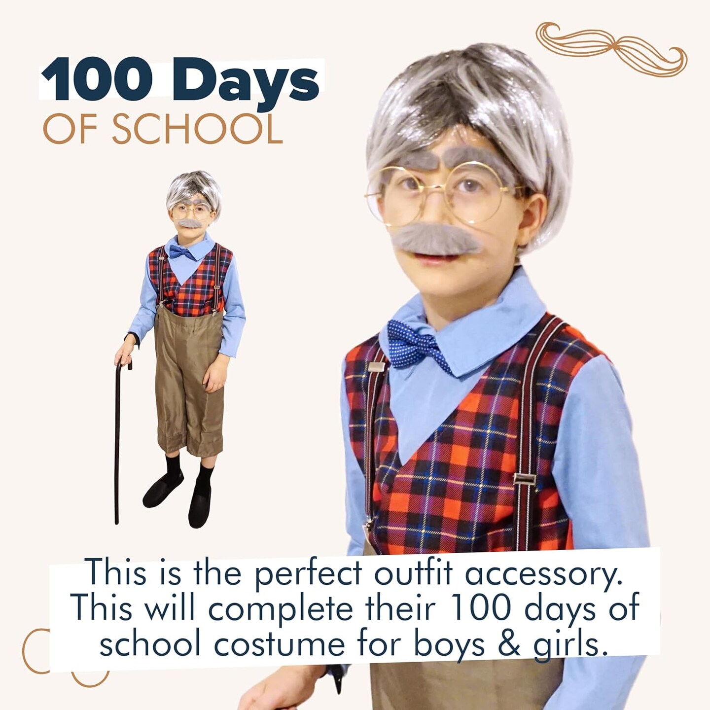 4E&#x27;s Novelty Old Man Costume for Boys - Stick on Mustache, Eyebrows and Glasses - 100 Day of School Old Man Costume, Grandpa Costume Accessory Kit