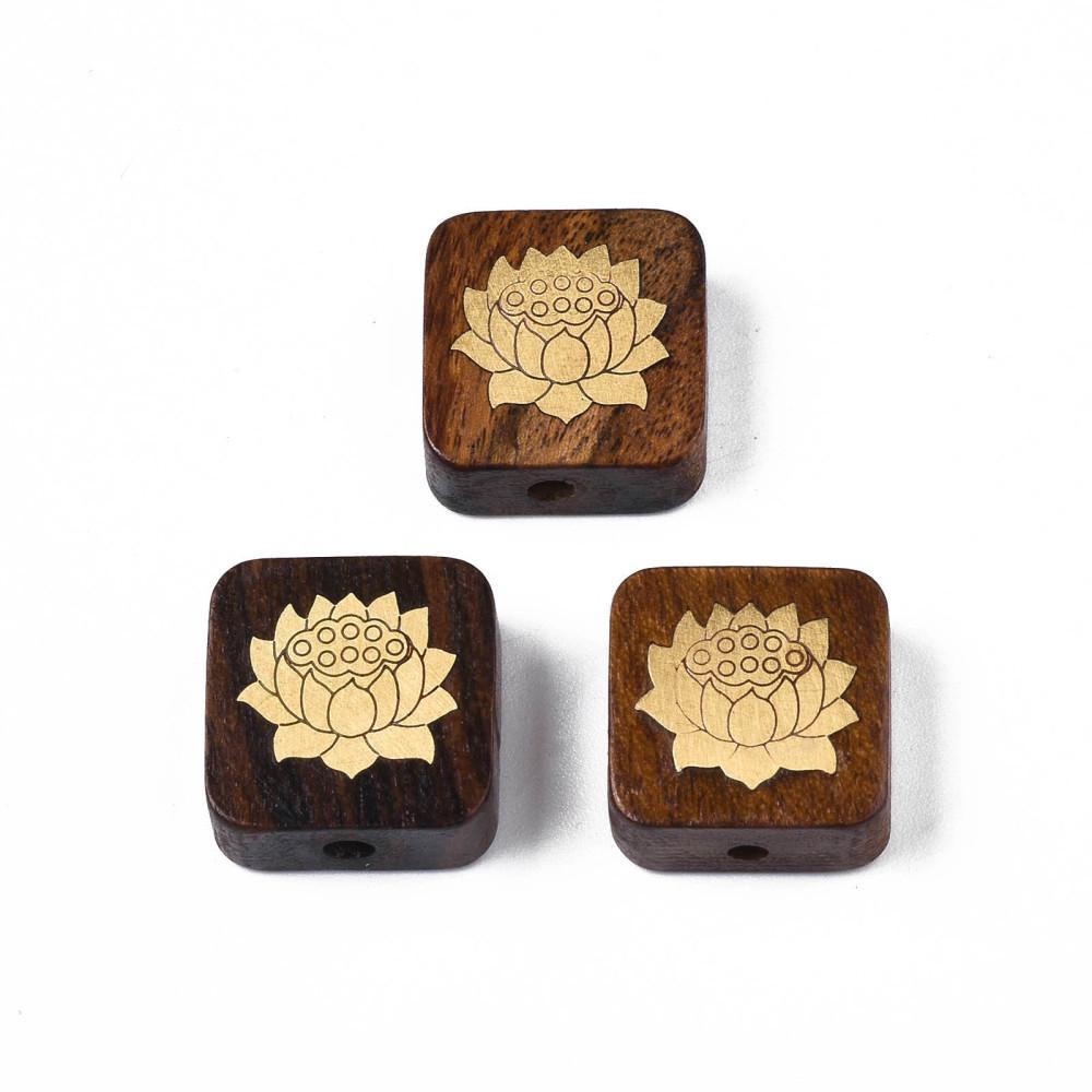 *5* 15x6mm Rosewood covered Brass Lotus Flower Square Beads