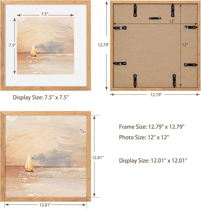 12x12 Picture Frame, Solid Oak Wood 12&#x22;x12&#x22; Photo Frame for Wall, 12 x 12 Frame Matted to 8 x 8, Square 12x12 Frame, Tempered Real Glass, 12 x 12 Collage Gallery Frames - Natural Oak Color, 1 Pack
