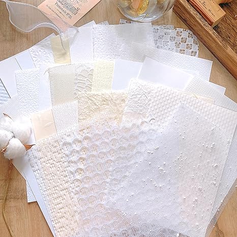 30 sheets A5 Large Textured Scrapbook Paper&#x26;Mesh Fabric set - Handmade Craft Mulberry Special Paper Mix for Scrapbooking Junk Journaling Supplies Card DIY Materials Collage, 5.8x8.2 Inches