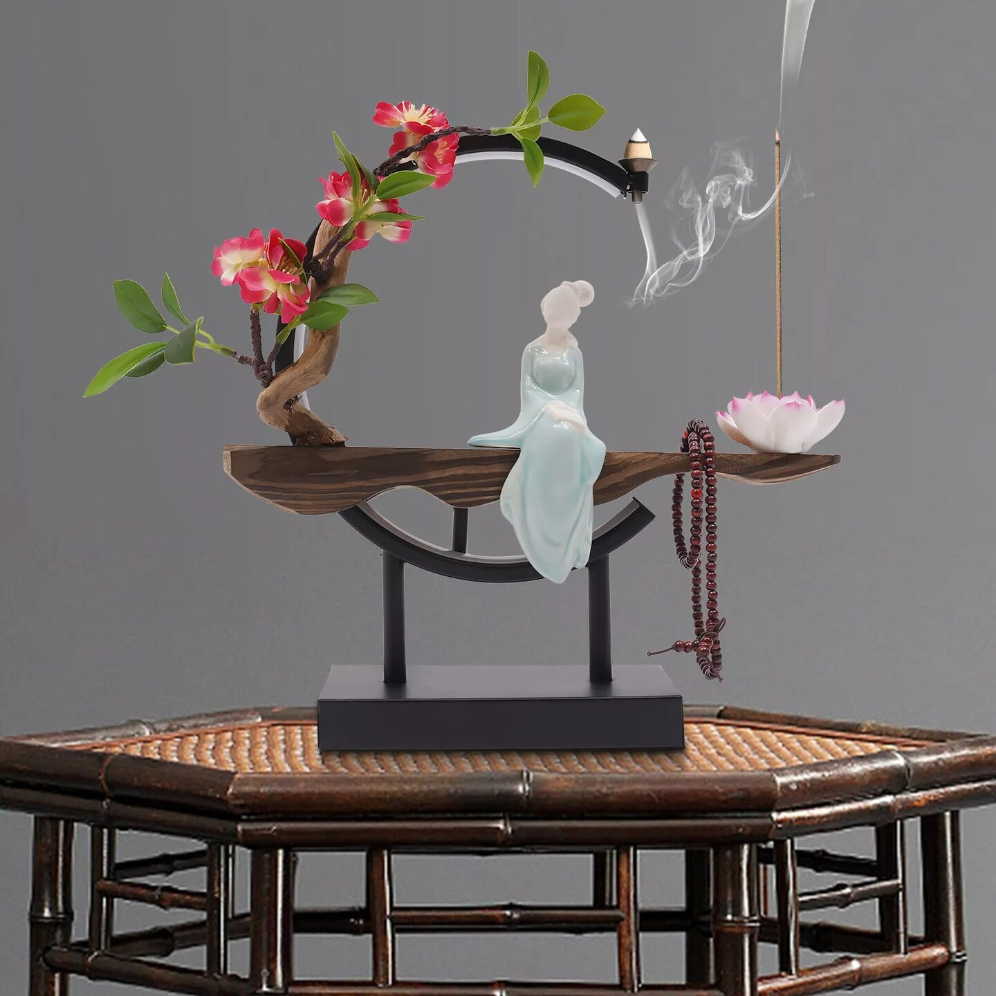 LED Cone Incense Burner Holder Smoke Fountain Waterfall Home Decor Backflow Gift