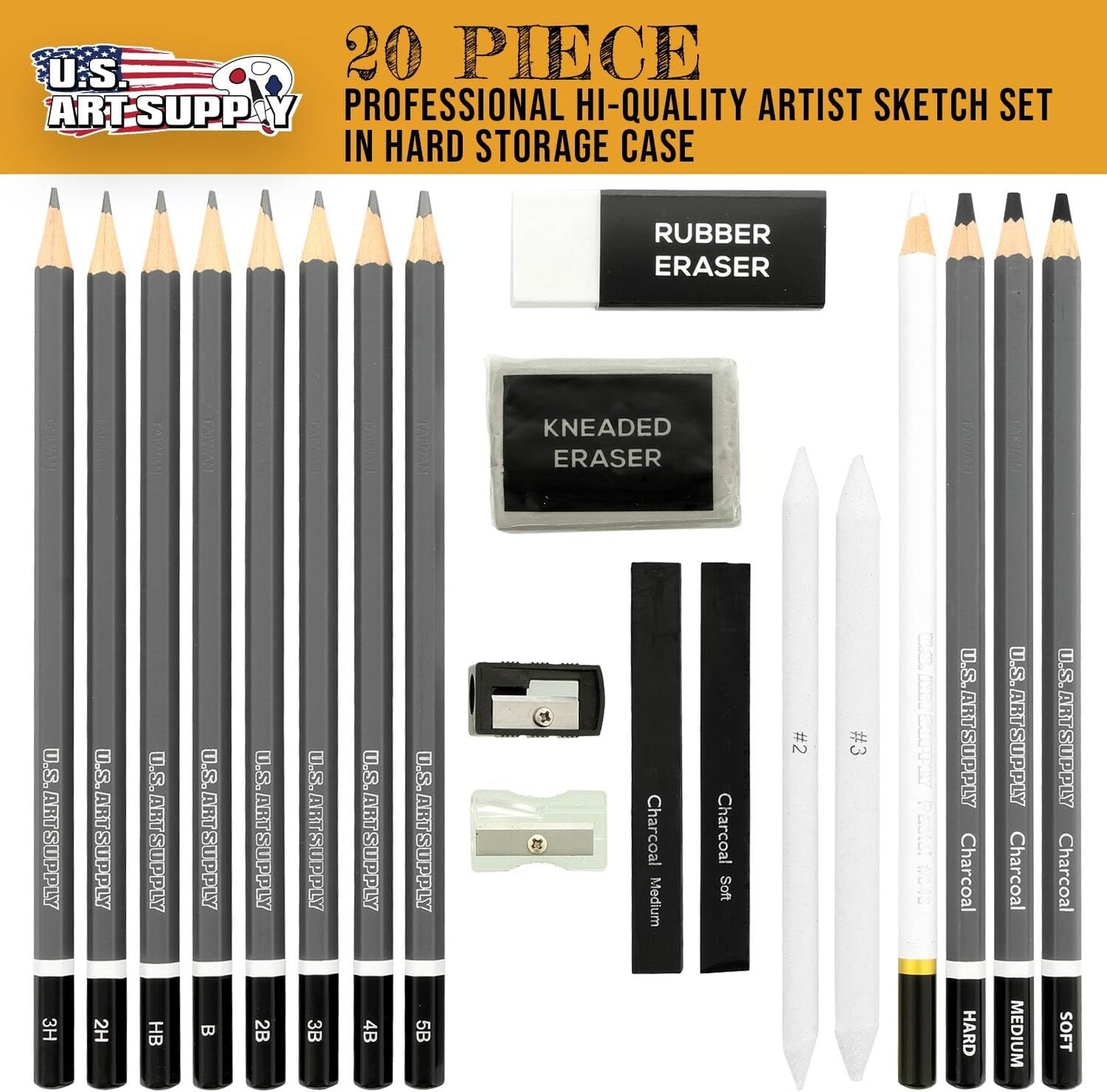 20 Piece Professional Hi-Quality Artist Sketch Set in Hard Storage Case - Sketch &#x26; Charcoal Pencils, Pastel, Stumps, Eraser, Sharpeners