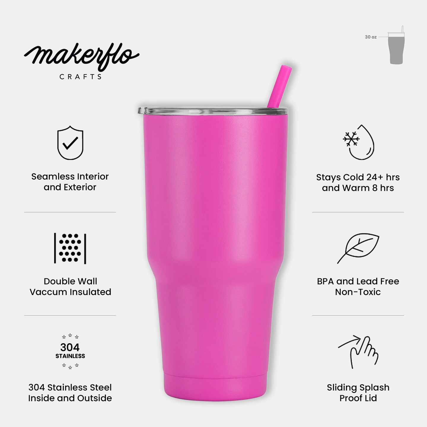Makerflo 30 oz Powder Coated Tumbler and Handle Sold Separately, Includes a Sliding Splash & Leak Proof Lid, Ideal for Craft and Personalization (Laser Engraving, UV DTF, Epoxy, and Vinyl)