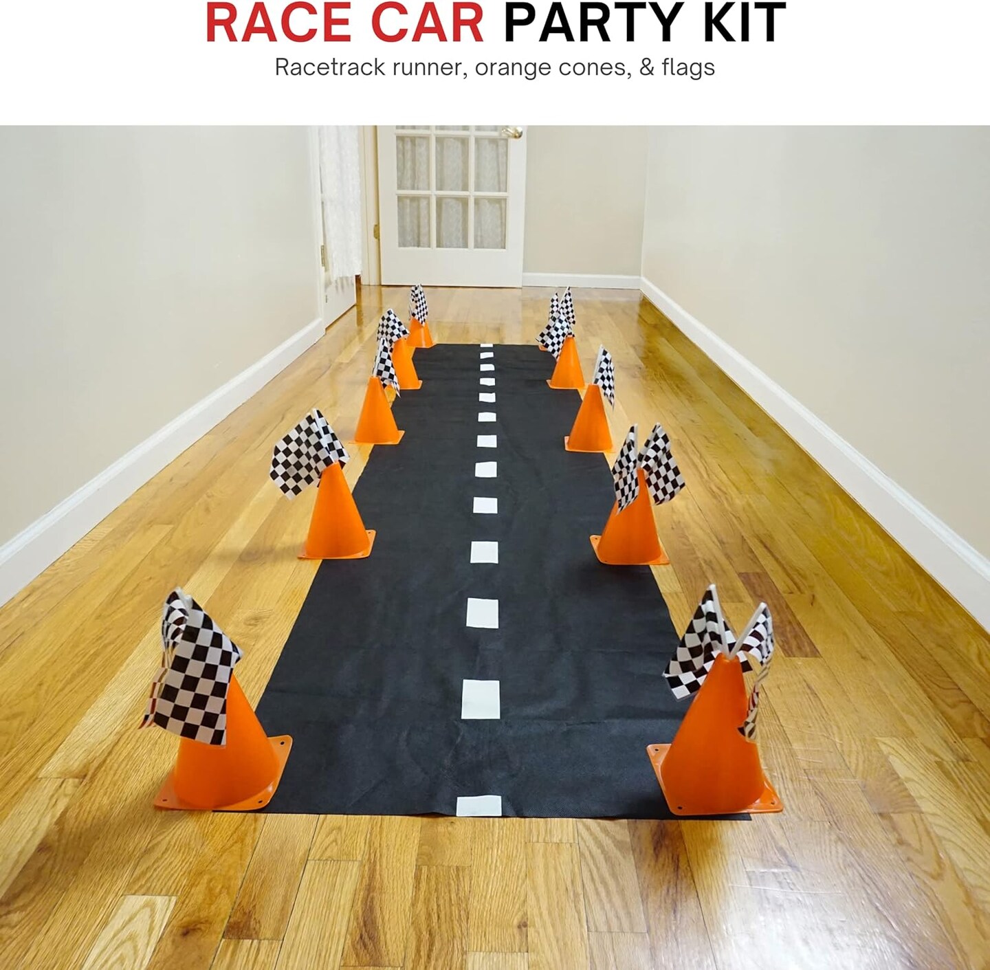 4E&#x27;s Novelty Race Car Birthday Party Supplies - 38 Pc Set with Race Track Runner, 12 Traffic Cones, 24 Race Flags, Tape