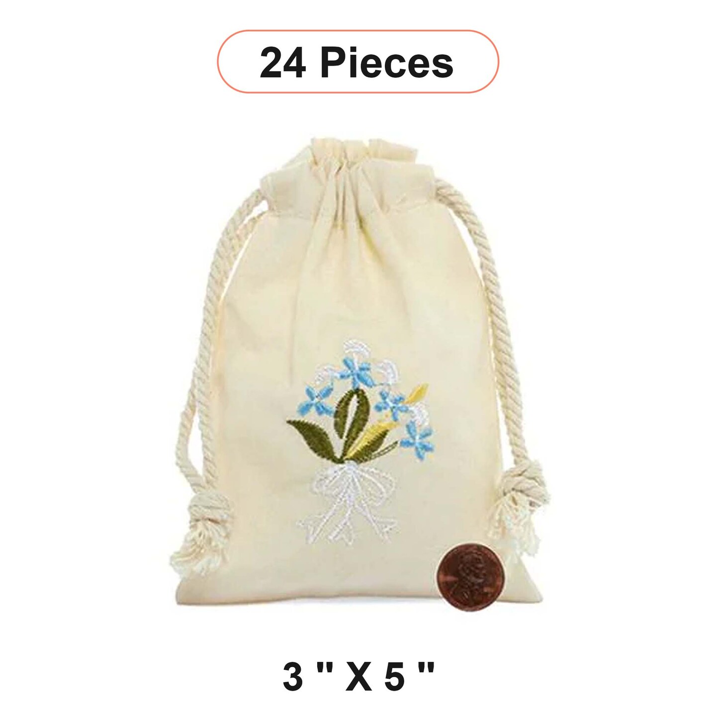 Compact Botanical Embroidered Cotton Muslin Pouch 3&#x22; x 5&#x22;