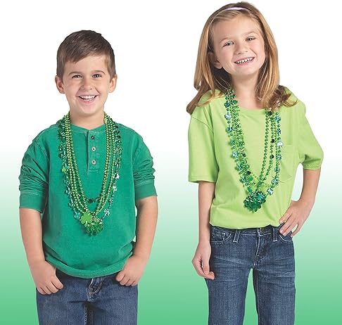 4E's Novelty St Patricks Day Beads Necklace (24 Pack) Bulk Green Beads Shamrock Necklaces, St Patricks Day Gifts Bulk, 33" Kids & Adults Party Favor Supplies Outfit Accessories
