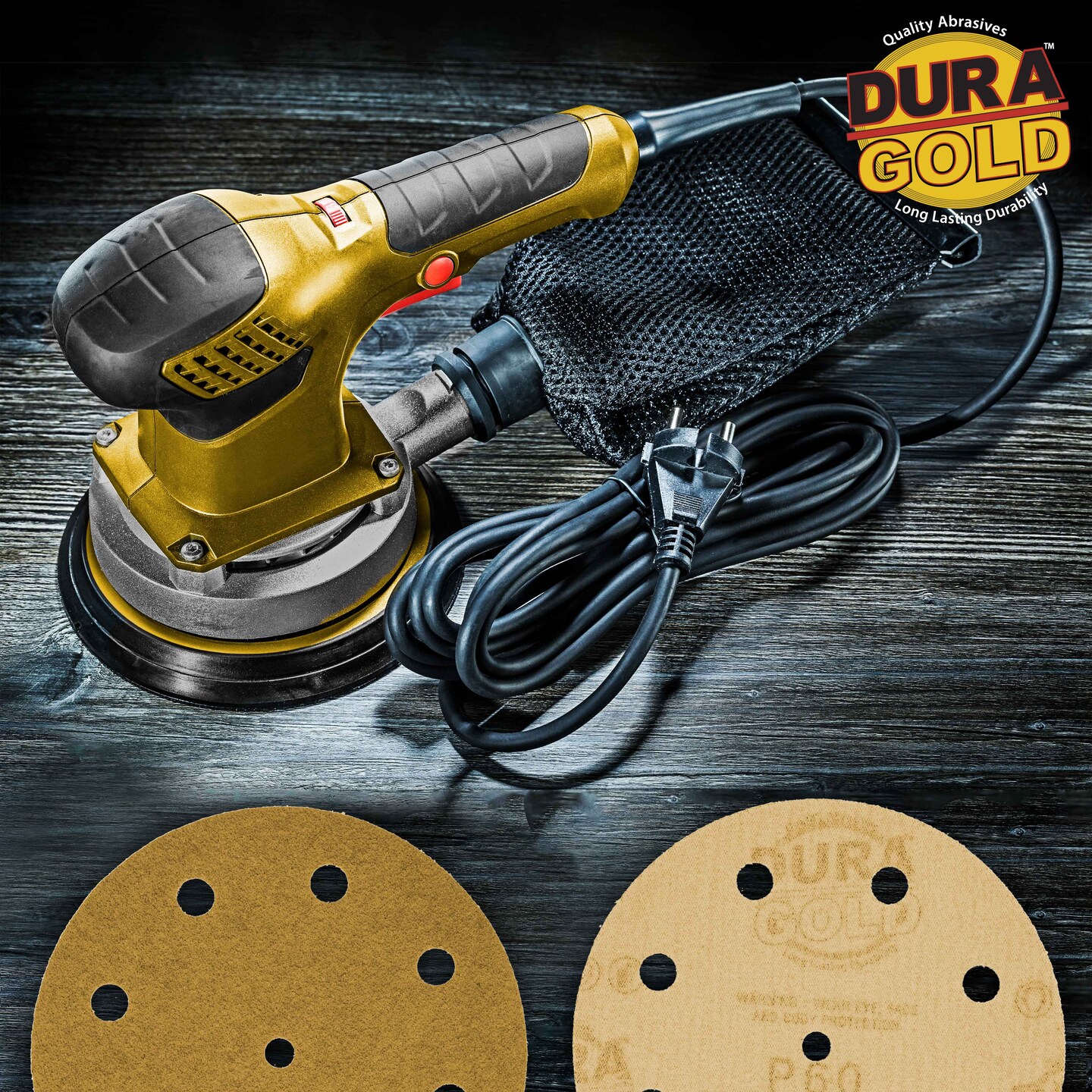 60 Grit - 5&#x22; Gold DA Sanding Discs - 9-Hole Pattern Hook and Loop - Box of 50