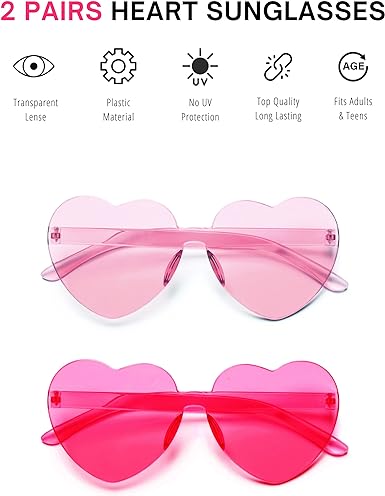 4E&#x27;s Novelty Heart Shaped Sunglasses for Women (2 Pack) - Cute Pink Heart Sunglasses for Parties, Festival &#x26; Valentines Hot Pink Accessories for Women
