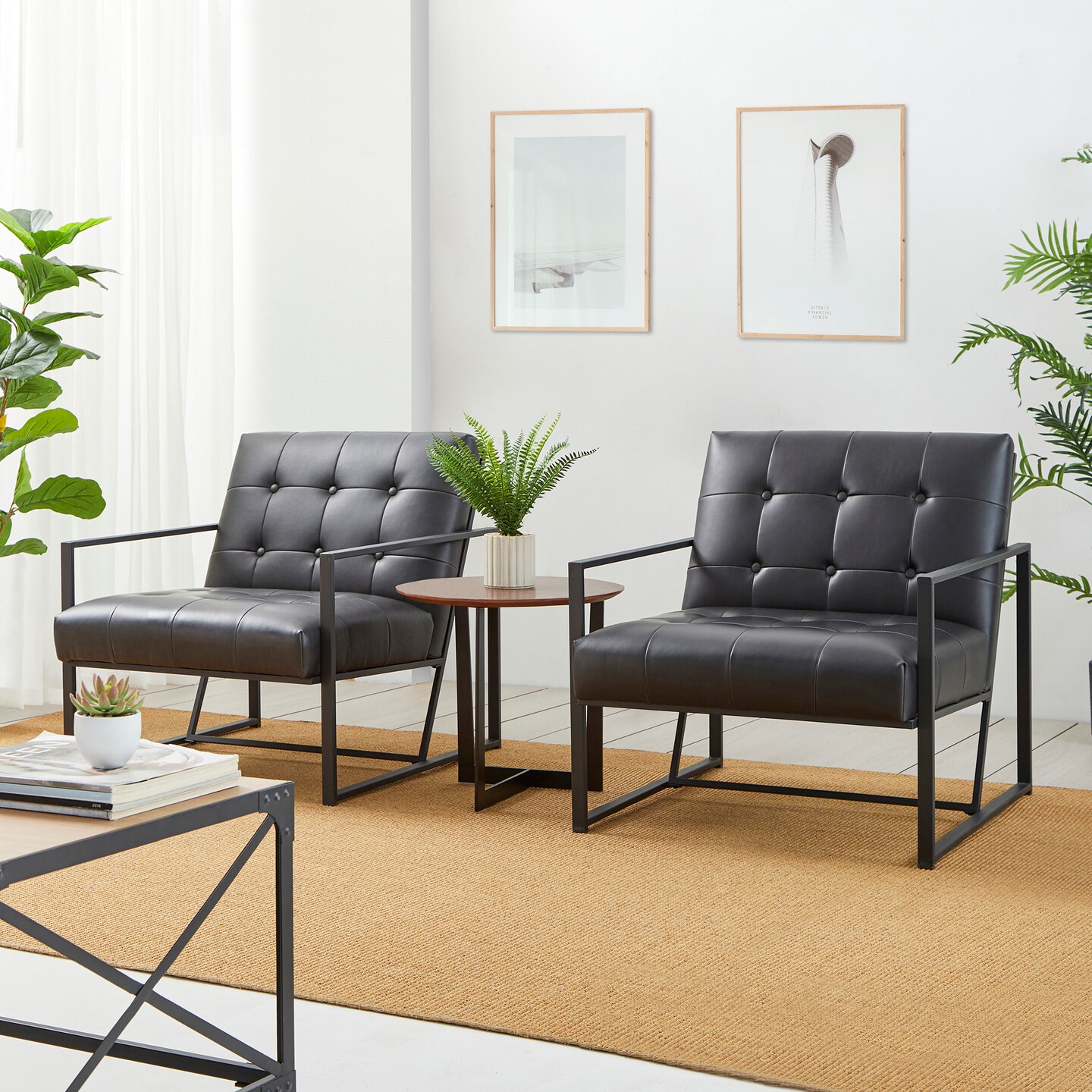30.5&#x22;H Mid-Century Modern Leatherette Button-tufted Accent Arm Chair with Black Metal Frame