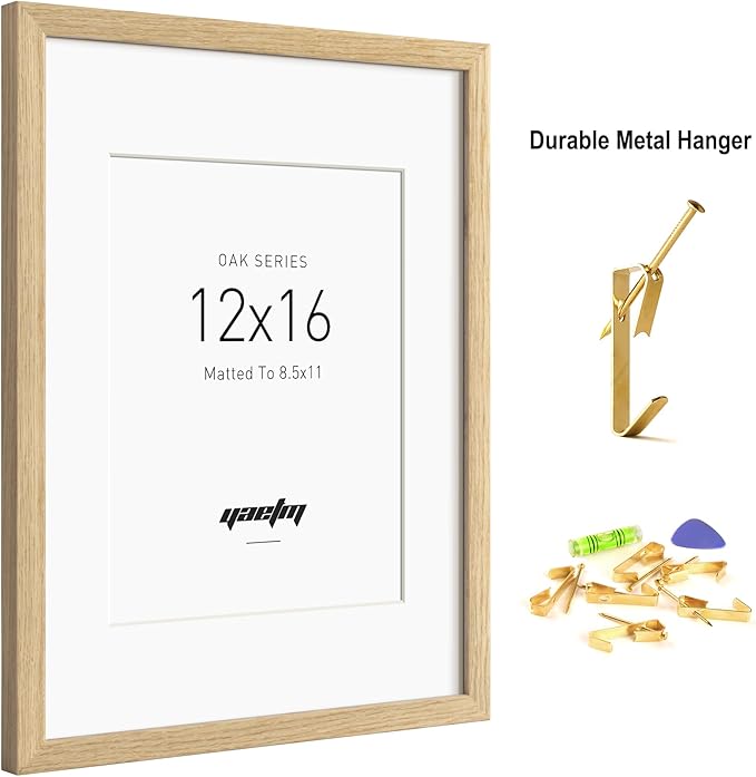 12x16 Oak Picture Frame with Mat for 8.5x11, Natural Solid Oak Wood 12x16 Frame for Wall, Lightweight, Wall Mount (Single, Oak)