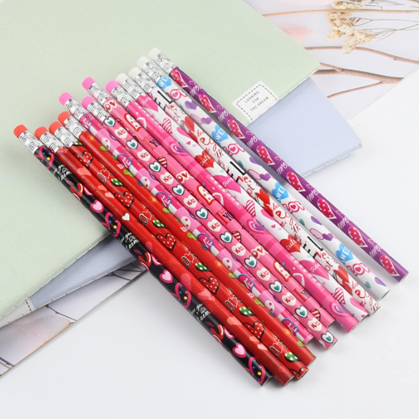 4E's Novelty 36 Pack - Valentines Pencils for Kids, Bulk with Erasers, Heart Themed Party Favors