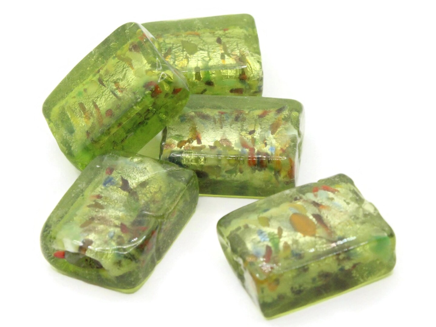 5 20mm Green Speckled Flat Rectangle Lampwork Glass Beads