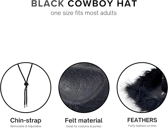 4E's Novelty Black Cowboy Hat with Feathers and Heart Sunglasses for Women - Black Cowboy Hat, Oversized Heart Glasses - Cowboy Hat for Costume Party