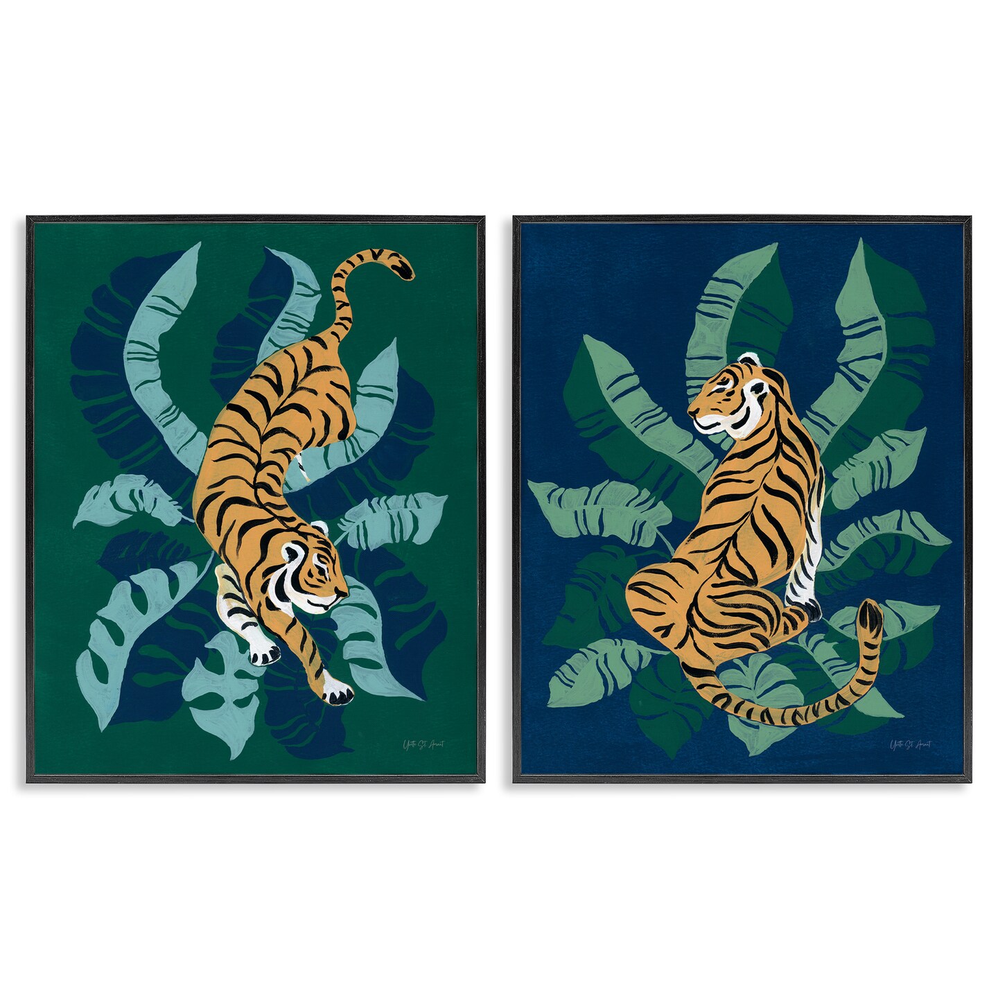 Stupell Industries Prowling Tiger Sitting Tiger Jungle 2 pc Framed Giclee Wall Art Set Design by Yvette St. Amant
