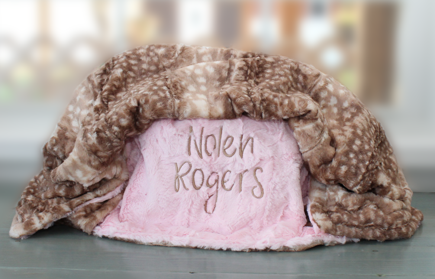 product name is Personalized Baby Blanket, Fawn Minky Baby Blanket, Baby Shower Gift, Toddler Bedding, Custom Blanket, Pet Blanket