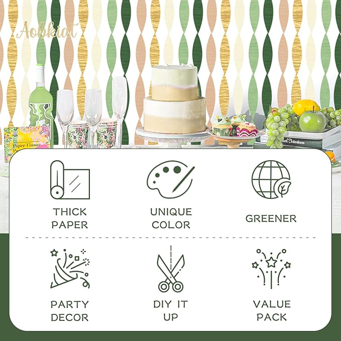 5 Rolls Olive Green & Khaki Crepe Paper Streamers for Boho Weddings, Birthdays, Bridal & Baby Showers