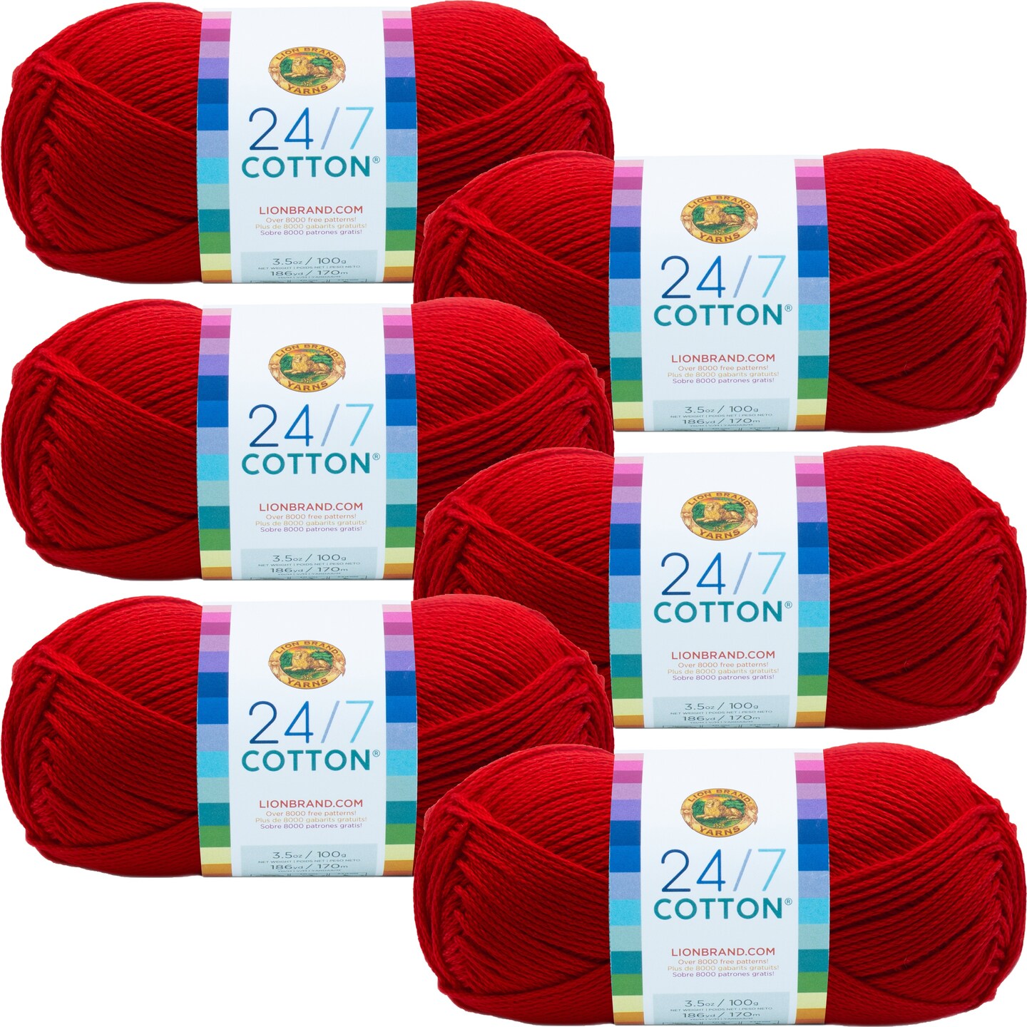 (6 Pack) Lion Brand 24/7 Cotton Yarn - Red