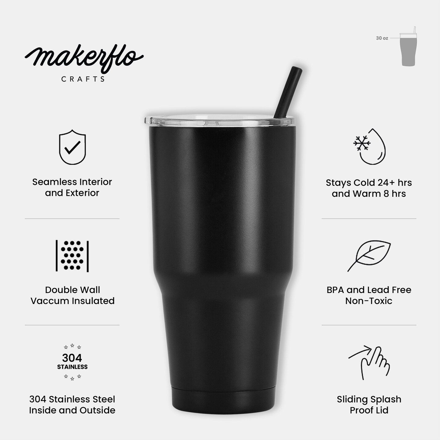 Makerflo 30 oz Powder Coated Tumbler and Handle Sold Separately, Includes a Sliding Splash & Leak Proof Lid, Ideal for Craft and Personalization (Laser Engraving, UV DTF, Epoxy, and Vinyl)