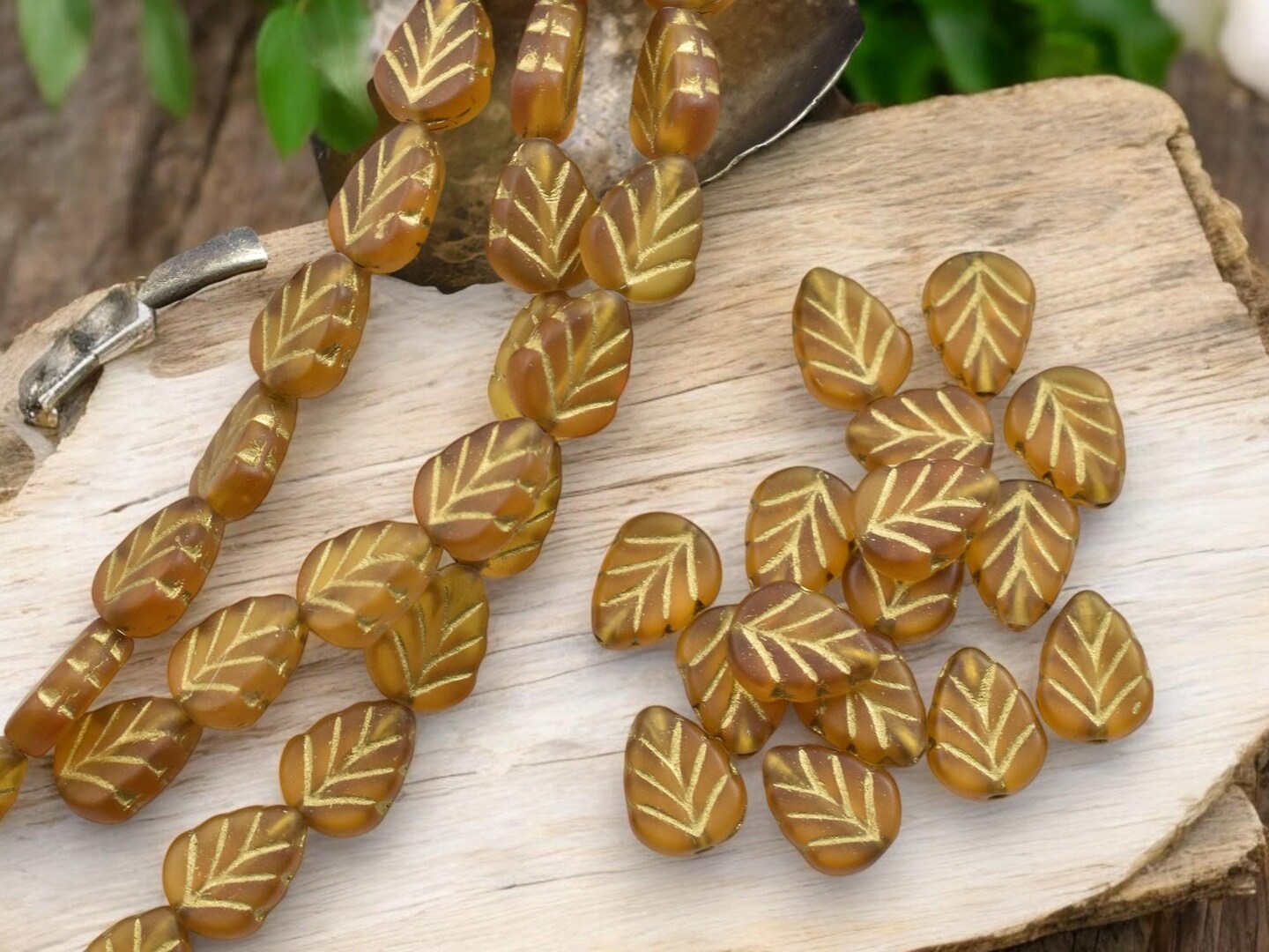 *16* 10x8mm Gold Washed Transparent Matte Amber Mint Leaf Beads