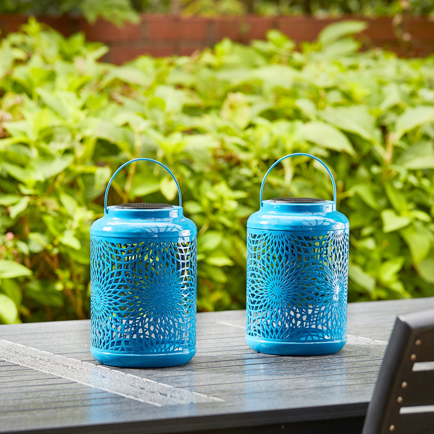 Set of 2/4 8.75"H Metal Cutout Scrollwork Solar Powered LED Outdoor Lantern with handle