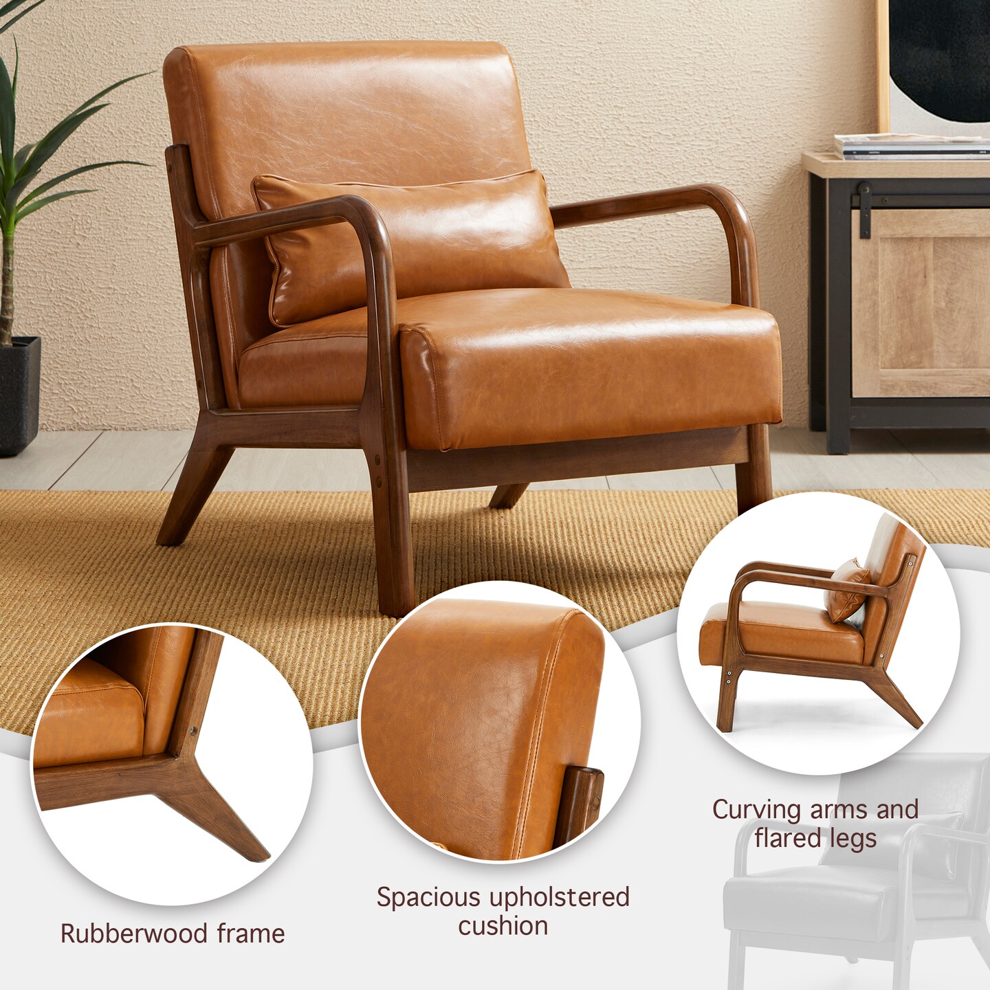 Set of 2 30.75&#x22;H Mid-Century Modern PU Leather Armchair Accent Chairs with Pillow