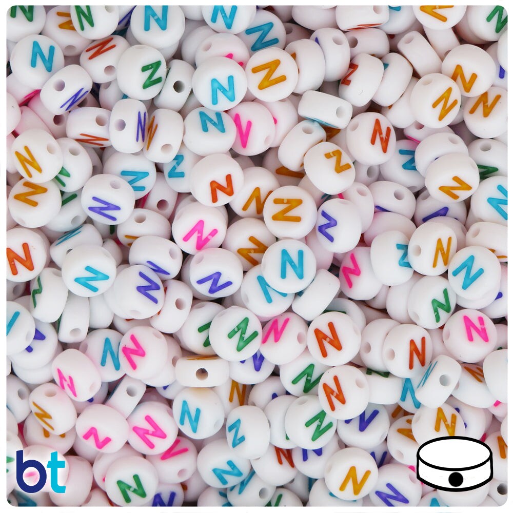 BeadTin White Opaque 7mm Coin Plastic Alpha Beads - Colored Letter N (100pcs)