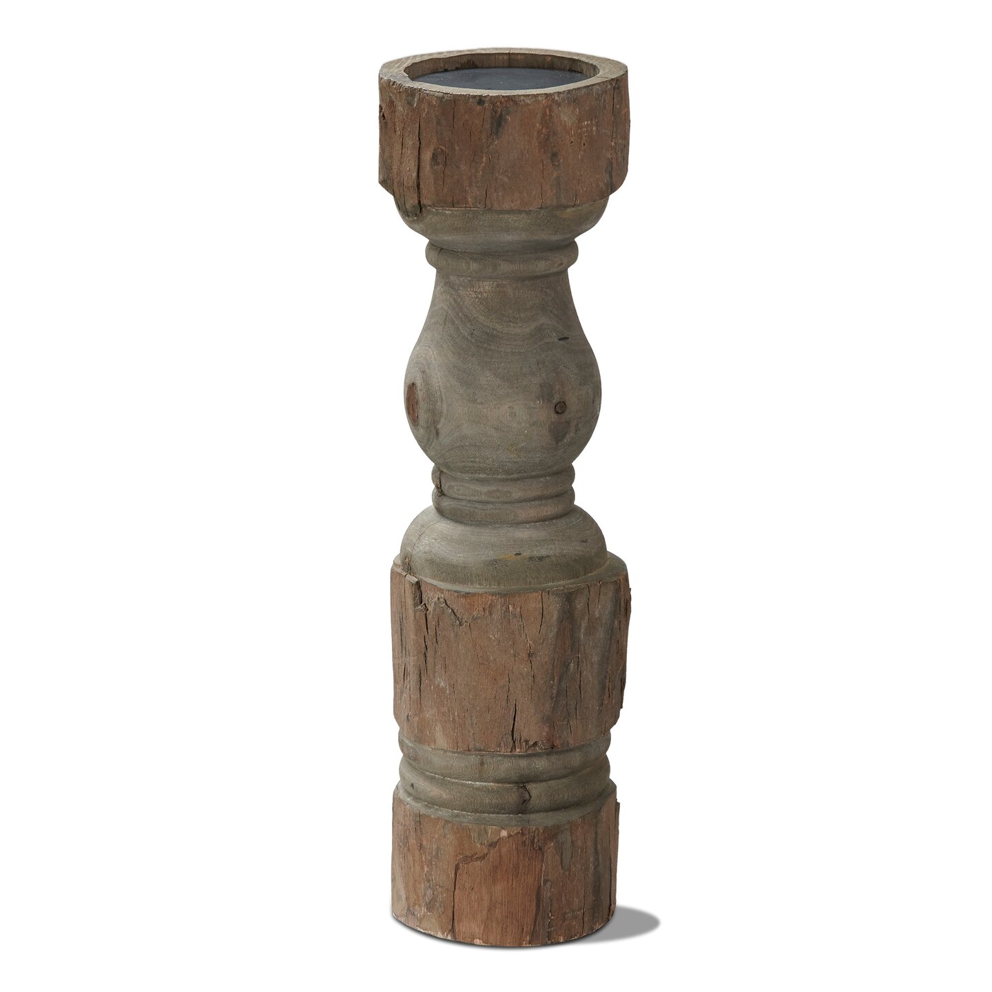 Rustic Turned Pillar Candle Holder - Tall Antique Brown Wood Stand, 15" H x 4" Dia, Perfect for Summer Decor