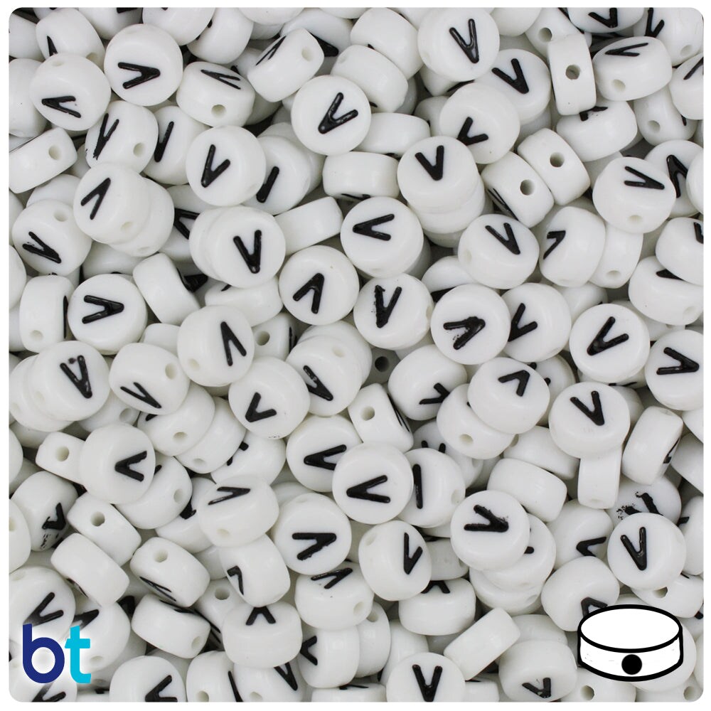 BeadTin White Opaque 7mm Coin Plastic Alpha Beads - Black Letter V (100pcs)