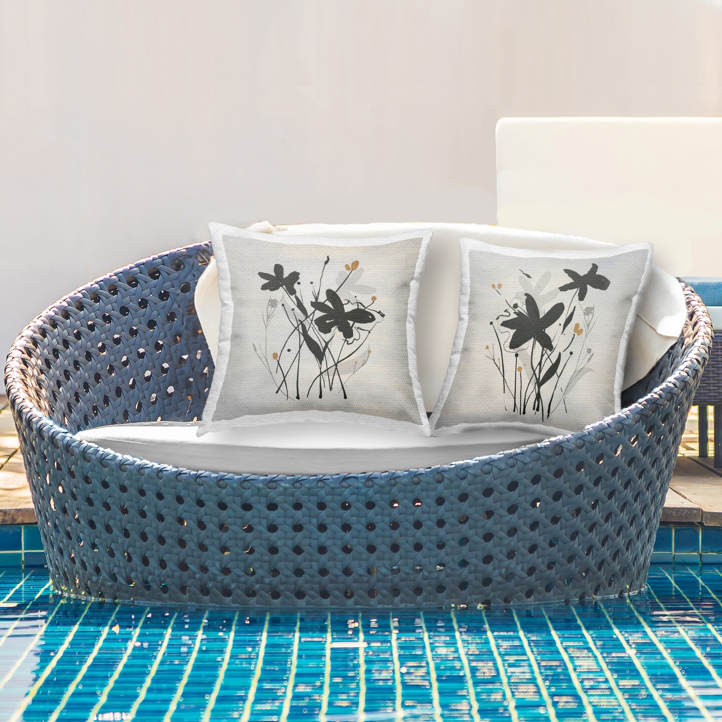 Abstract Black Wildflowers 2 PC Outdoor Printed Pillow Set Design by Susan Jill, 18 x 7 x 18