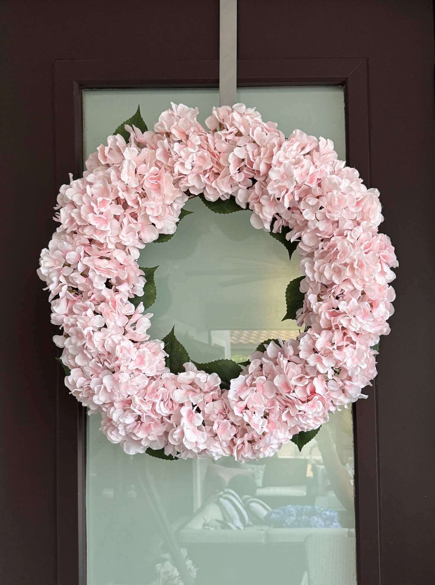 Capri Pink Artificial Hydrangea Wreath, 22 in UV Resistant Indoor Outdoor 16 Flower Heads