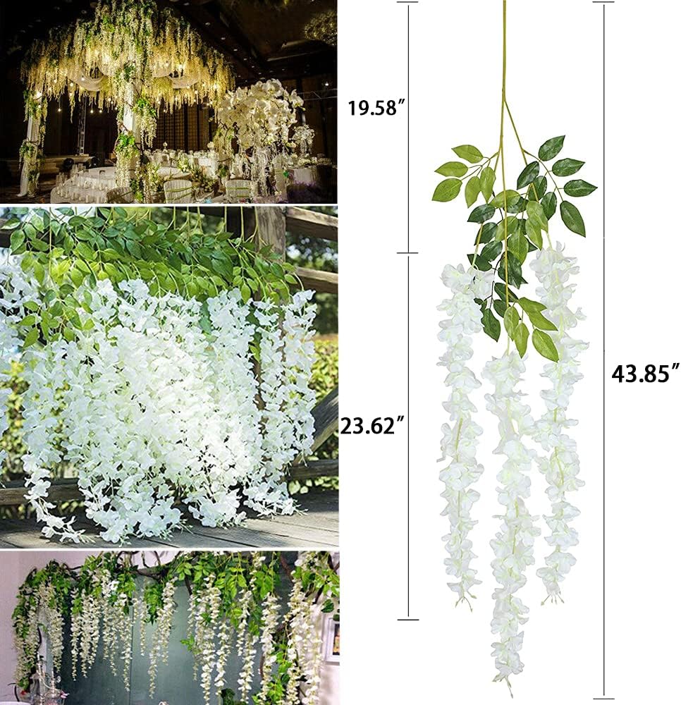 Fake Hanging Flowers - 24 Pieces 3.75 Feet/Piece Artificial Wisteria Vine Hanging Garland Decor (White-24pcs)