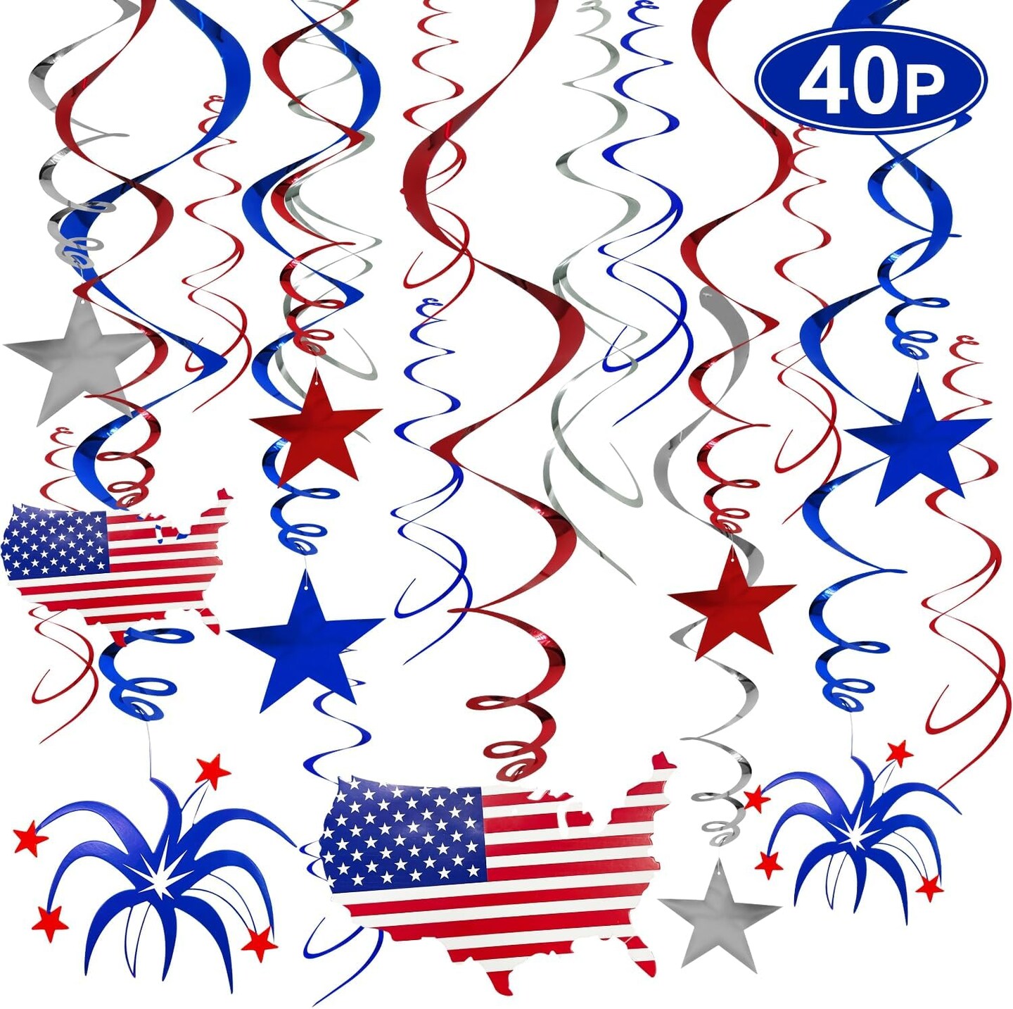 40 Pcs 4th of July Decorations Hanging Swirls with Americans Flag/Stars