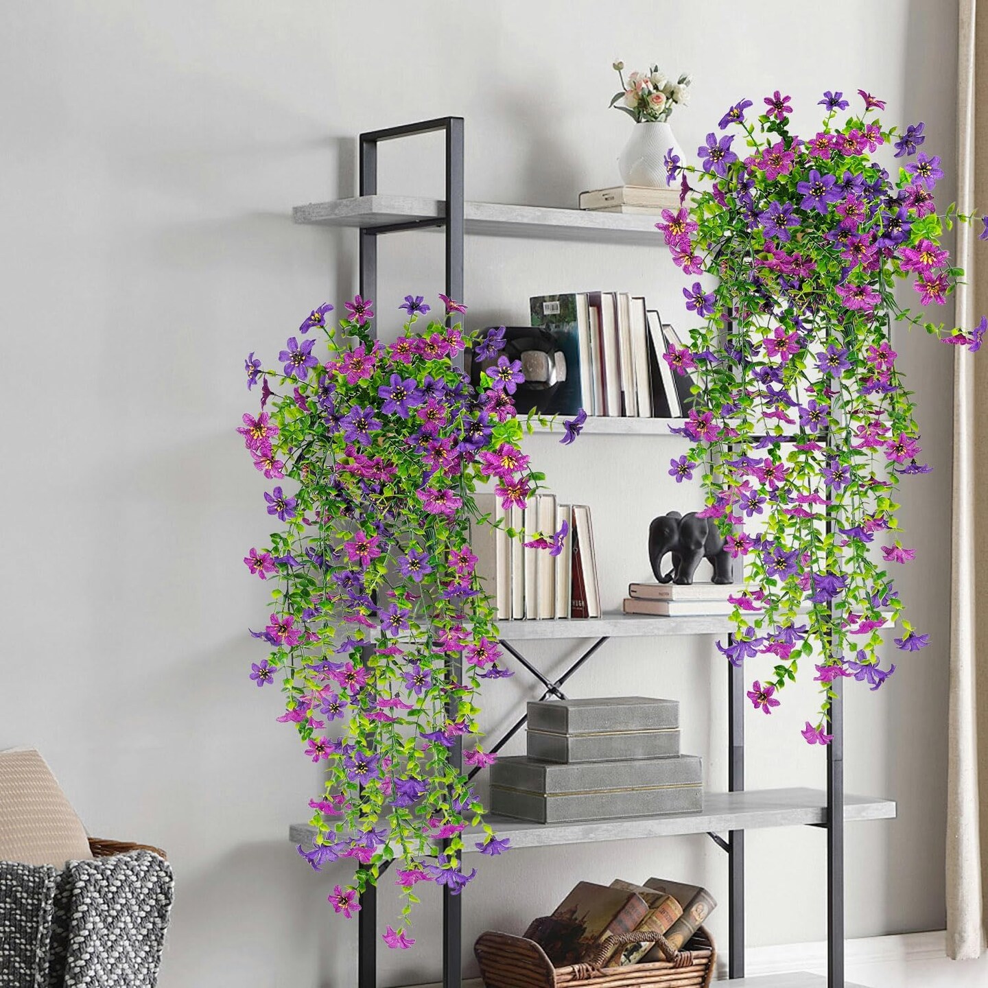 4 PCS Artificial Hanging Flowers for Outdoors Decor (Double Purple)
