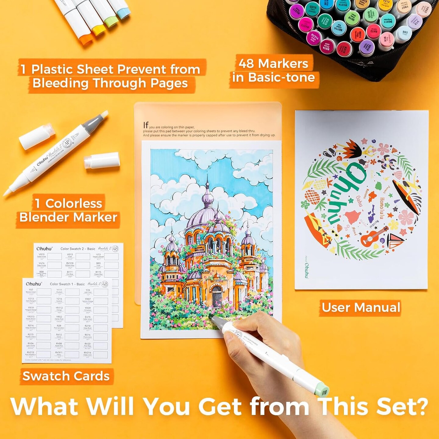 Ohuhu Alcohol Markers: Soft Chisel Red Dot Design Award Winner 48-color Brush & Soft Chisel Dual Tips Drawing Markers for Artists Beginners Adults Coloring Illustration Sketching - Honolulu S